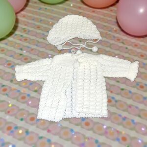 Handmade White Crochet Baby Sweater and Matching Hat Set